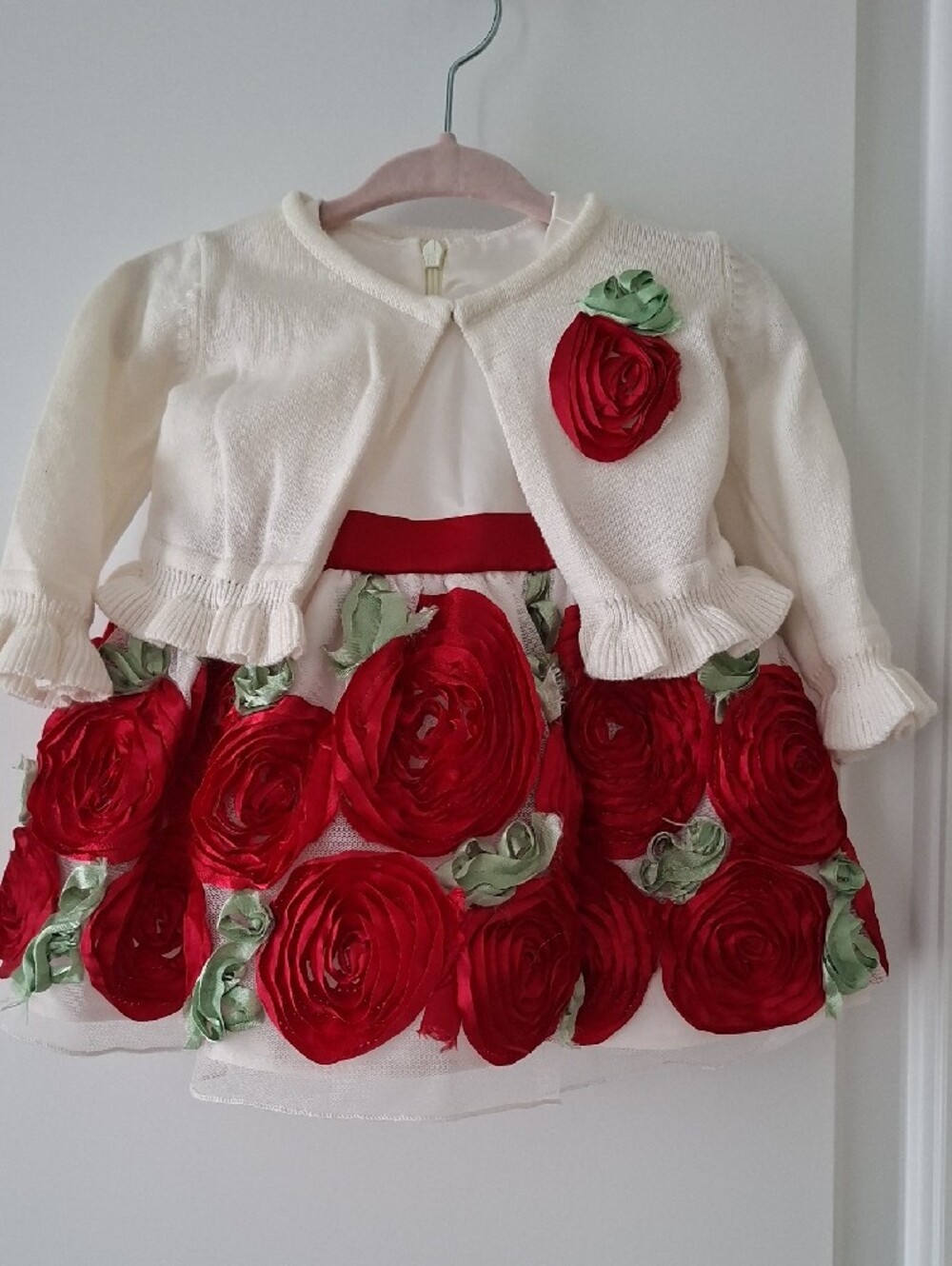 American Princess White & Red Rose Baby Dress with Matching Cardigan 6 months